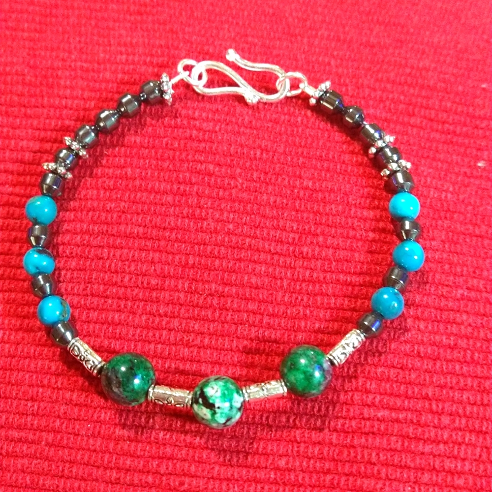 🔥RUBY ZOISITE, MOJAVE TURQUIOSE/ HEMATITE. S-SHAPED CLASP/BALI STERLING SILVER